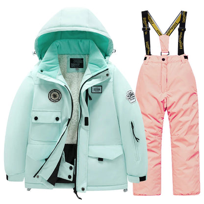 Winter children's skiing suit for boys and girls, windproof and waterproof thick coat for warmth and snow playing equipment