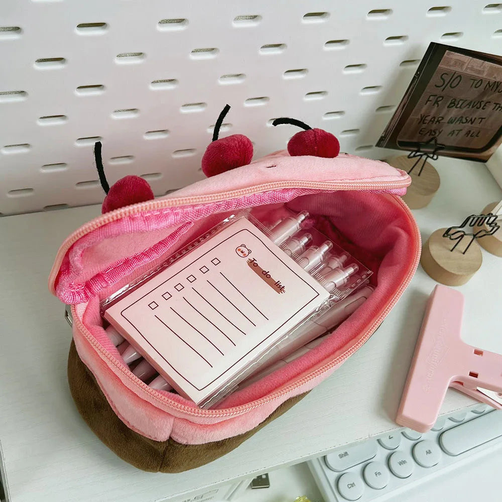 Cute Pencil Bag Plush Cherry Cake Pencil Case Large Capacity Student Stationery Storage for Girls Kids Back to School Gift
