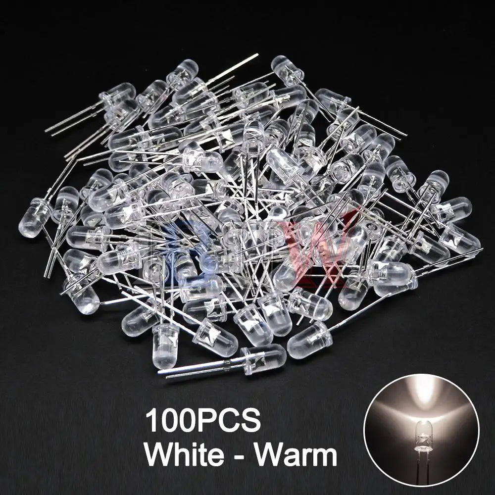 100PCS/LOT, 5mm LED Diode, F5 Assorted Kit, White Green Red Blue Yellow Orange Pink Purple Warm White DIY Light Emitting Diodes, IBUW