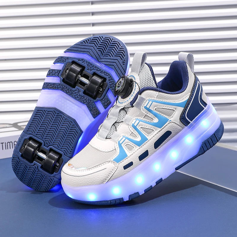Children Four Wheels Luminous Glowing Sneakers Black Pink Led Light Roller Skate Shoes Kids Led Shoes Boys Girls USB Charging