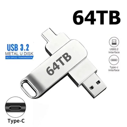 64TB USB 3.2 Flash Drive High Speed 2TB USB Transfer Type-C 2-In-1 16TB OTG Pendrive Waterproof Flash Disk For Computer Storage