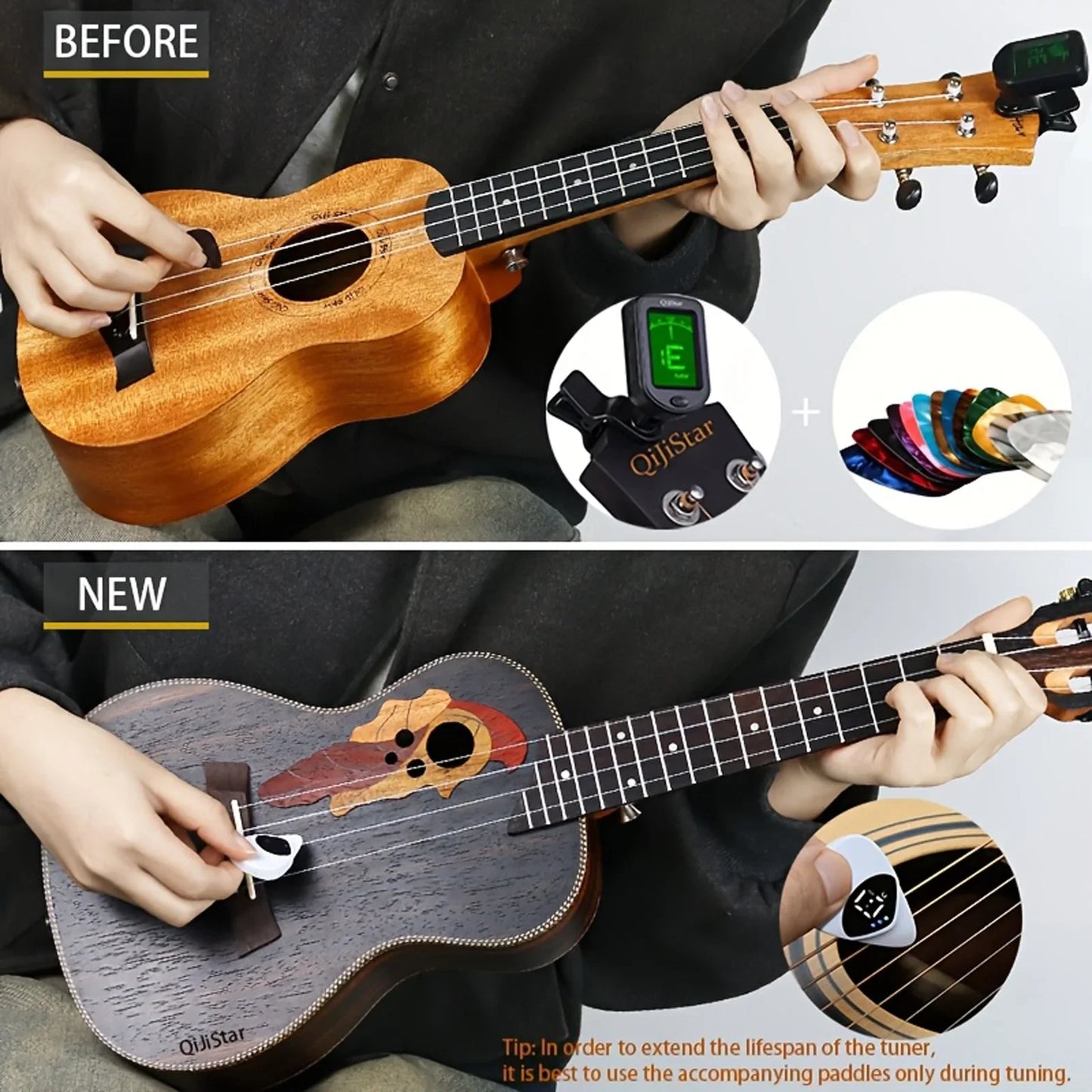 2-in-1 Guitar Pick & Tuner - Portable, Multi-Purpose Pitch Calibrator for Folk Guitars and Ukuleles, 12-Tone Equal Temperament,