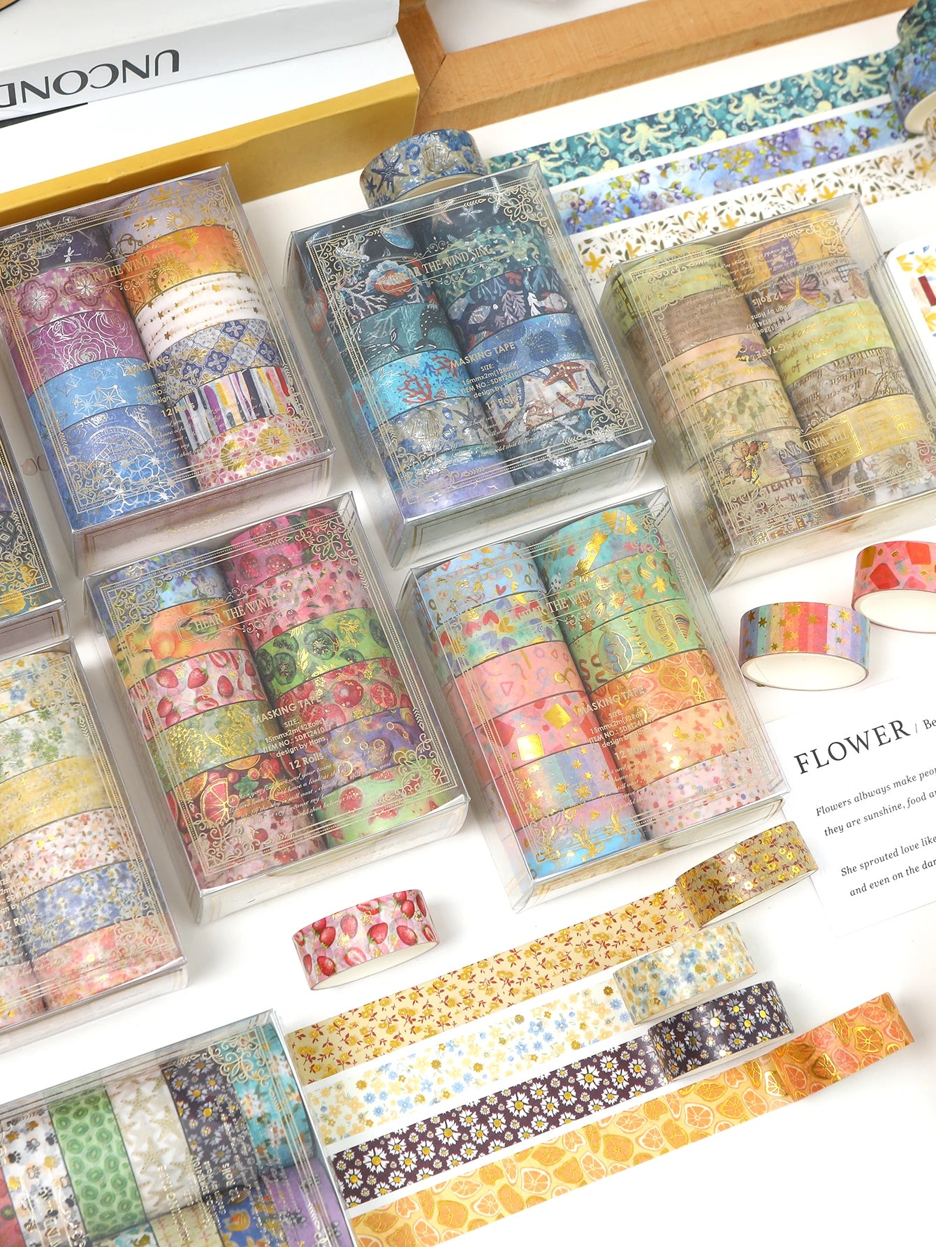 Creative Floral Hot Foil Washi Tape Set, 12 Rolls Decorative Masking Tape for Scrapbooking, Journaling, DIY Gift Supplies