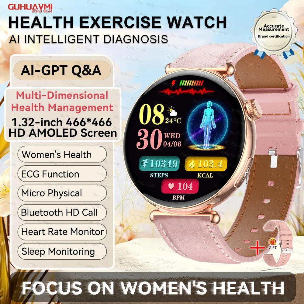 1.32''AMOLED Screen Women Smartwatch Call ECG Sport Watch Blood Pressure Micro Physical Examination DIY Dial Smart Watches Woman