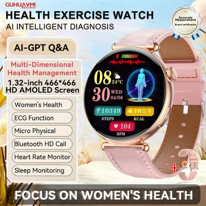 1.32''AMOLED Screen Women Smartwatch Call ECG Sport Watch Blood Pressure Micro Physical Examination DIY Dial Smart Watches Woman
