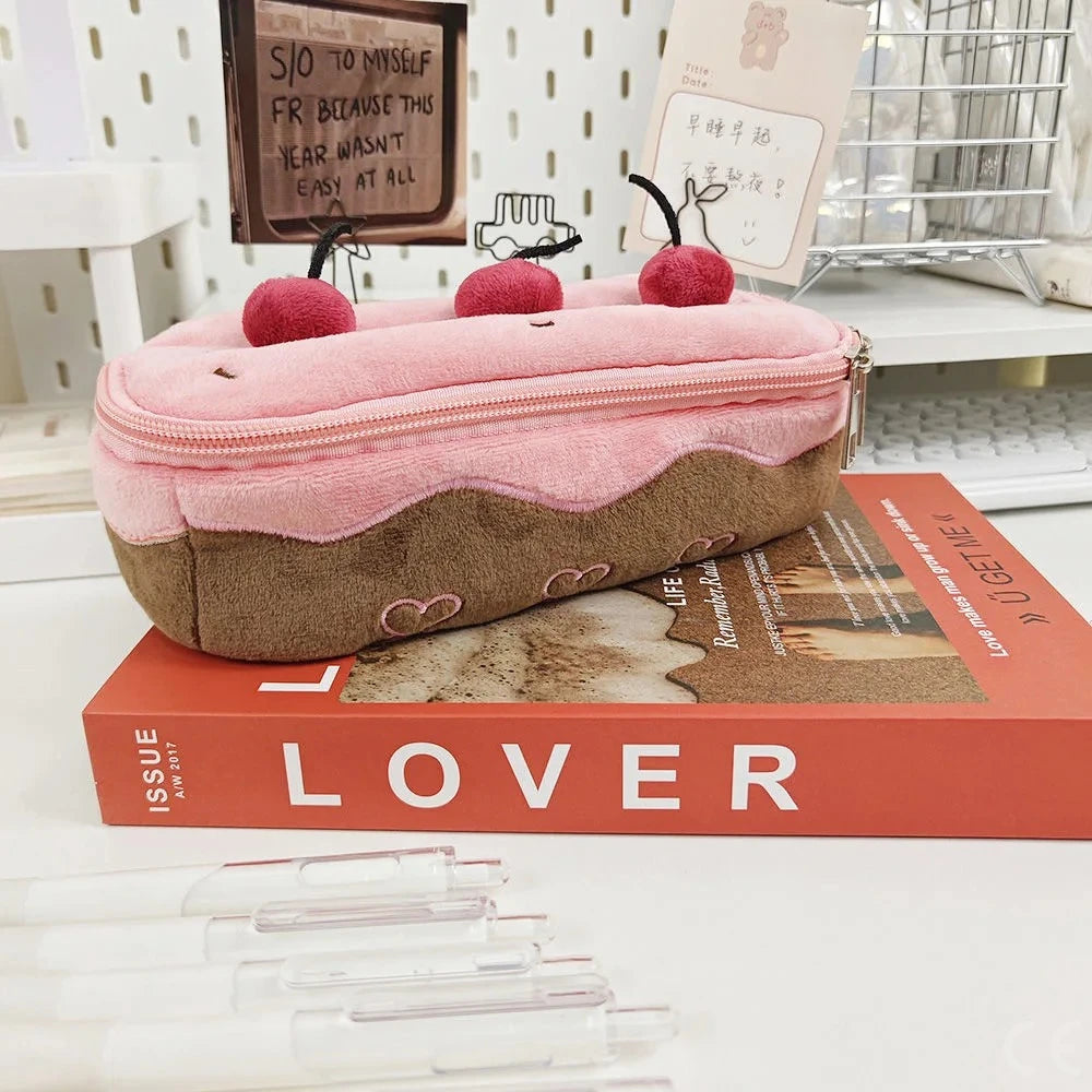 Cute Pencil Bag Plush Cherry Cake Pencil Case Large Capacity Student Stationery Storage for Girls Kids Back to School Gift