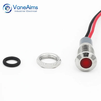 VaneAims 8mm Metal Signal Lamp Waterproof IP67 Light LED Indicator with Wire 3V 6V 12V 24V 220V Red Green Yellow White Blue