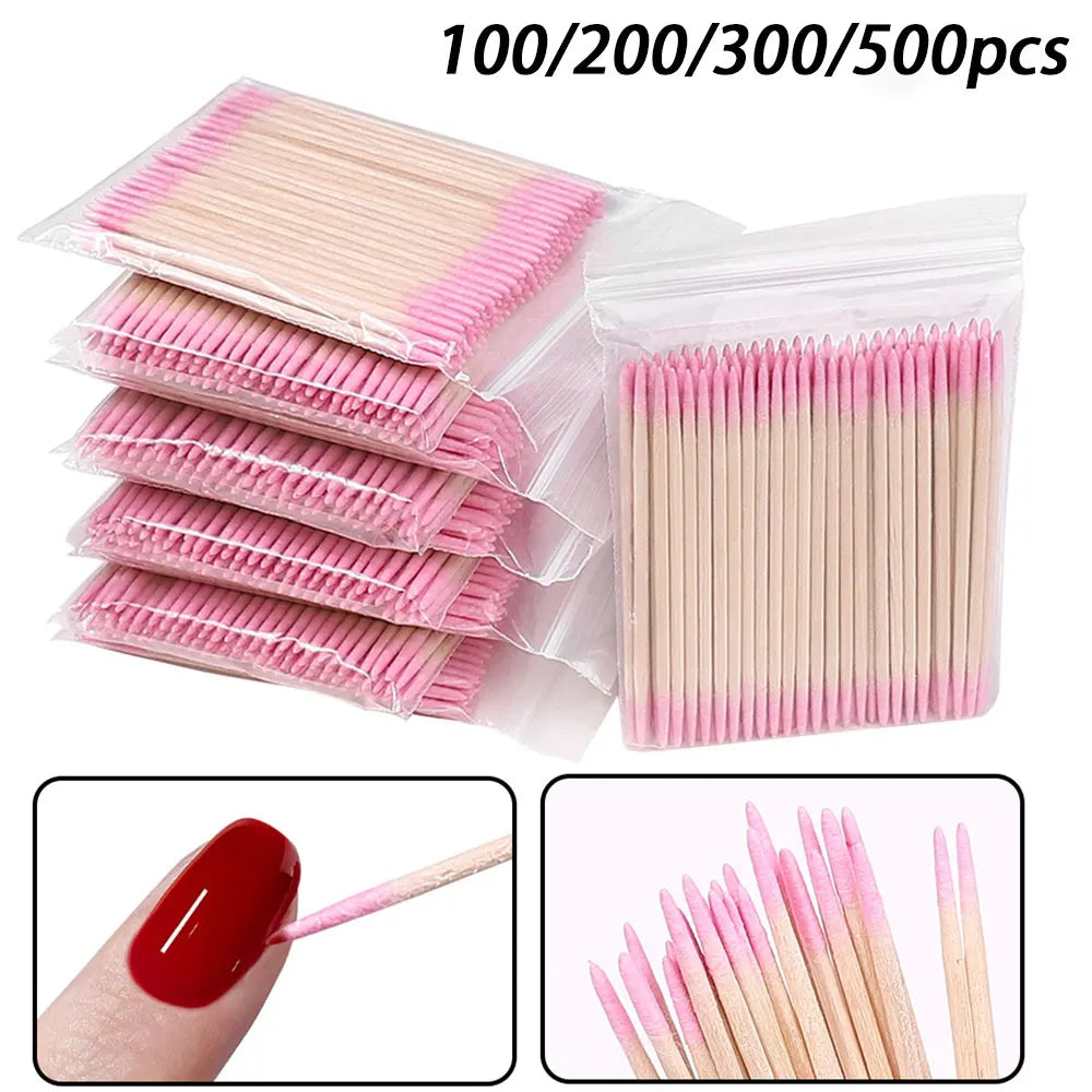 100/200/300/500Pcs Nail Double-Head Wood Swab Cleaning Sticks Pink Dual-Tipped Cotton Head Cleaning Swab Nail Polish Remover 7cm