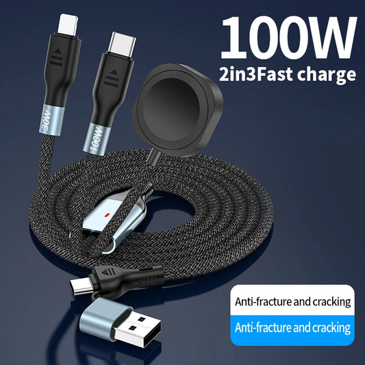Portable 3-in-2 USB+Type-C Magnetic Watch Wireless Charger Charging Data Cable for iPhone 16 Pro Max iWatch 8 Ultra 7 6 SE 5 4