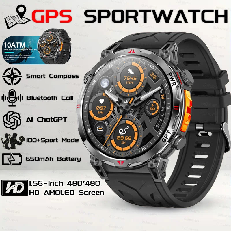 2026 New Outdoor GPS Sports Smartwatches Men Compass 10ATM Waterproof 24/7 Health Monitoring ChatGPT Bluetooth Call Smart Watch