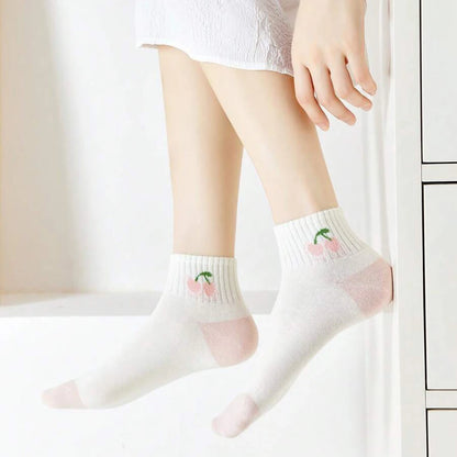 5/10 Pairs Women Striped Ankle Socks Trendy Versatile Pink Fruit Pattern Cartoon Short Socks Comfortable Breathable Casual Socks