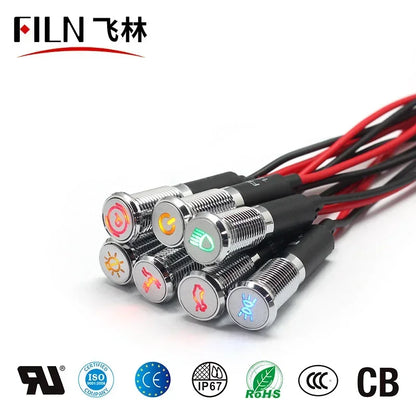 8/10/12/14/16mm Symbol LED Indicator Light 12V 24V Black Metal Indicator Dash Pilot Light with Wire Car Dashboard Truck Machinery