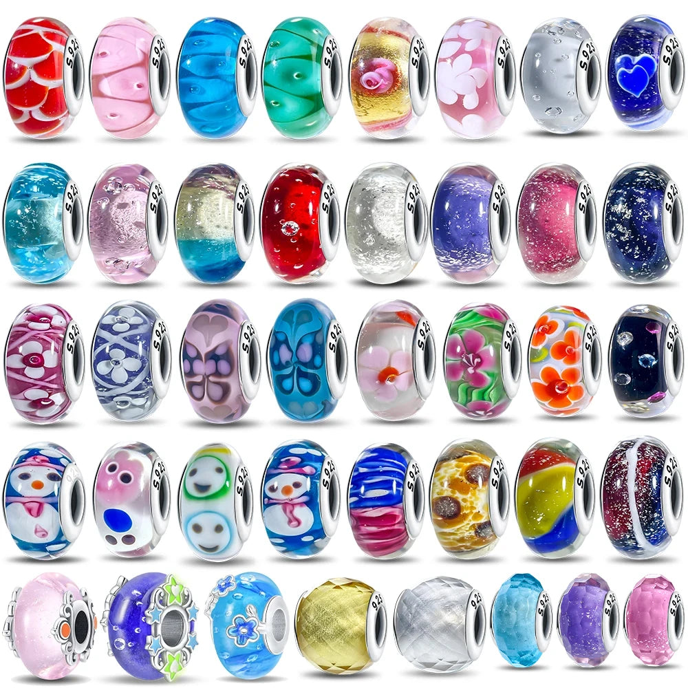 Original 925 Silver Charms Flower Blue Star Green Turtle Glass Beads Fit Bracelet Women DIY Gift Murano Jewelry Accessories