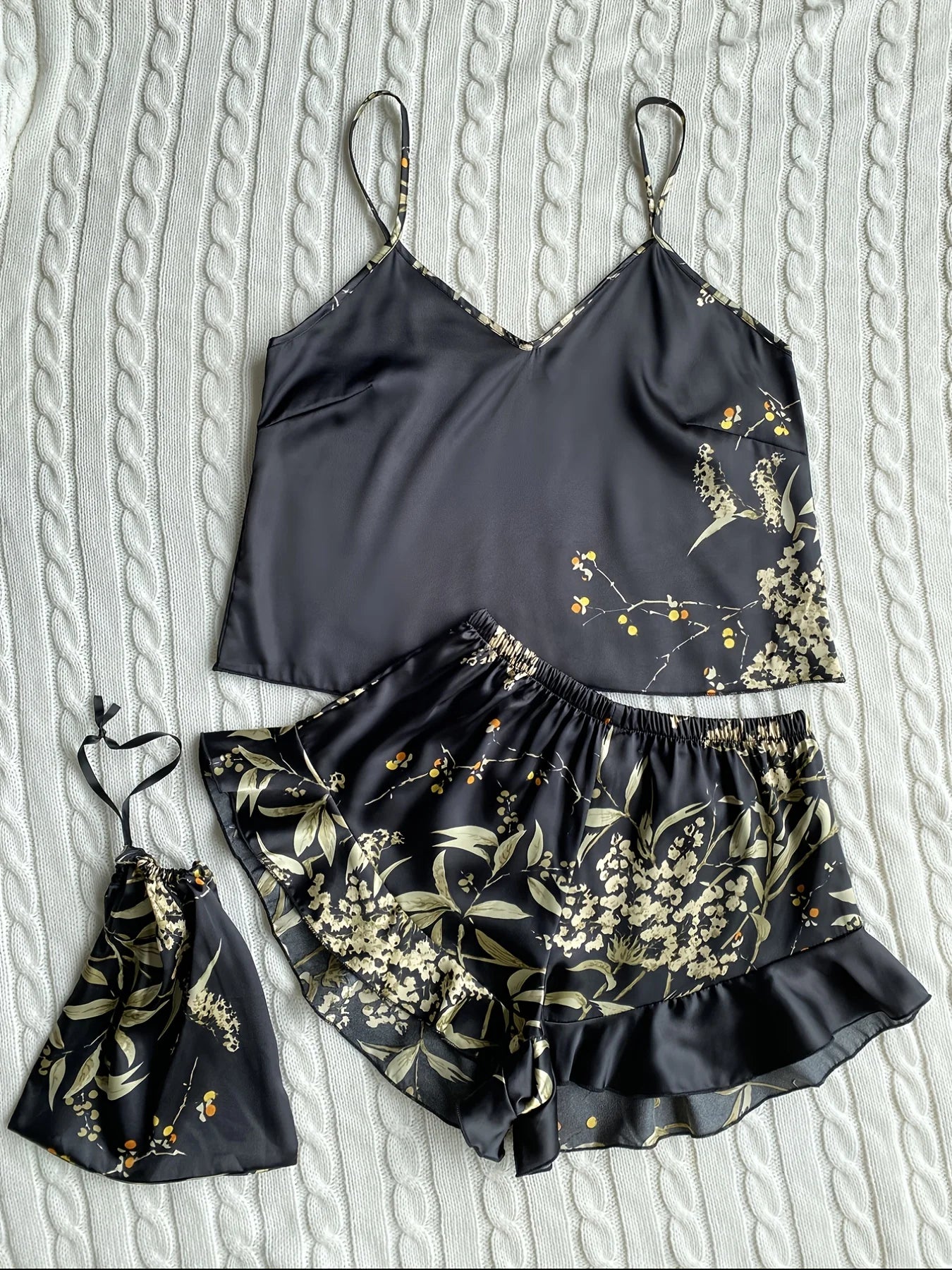 Elegant Floral Print Cami Tops Ruffle Hem Shorts Pajama Set, Women's Sleepwear, Loungewear