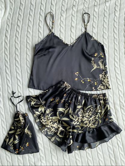 Elegant Floral Print Cami Tops Ruffle Hem Shorts Pajama Set, Women's Sleepwear, Loungewear