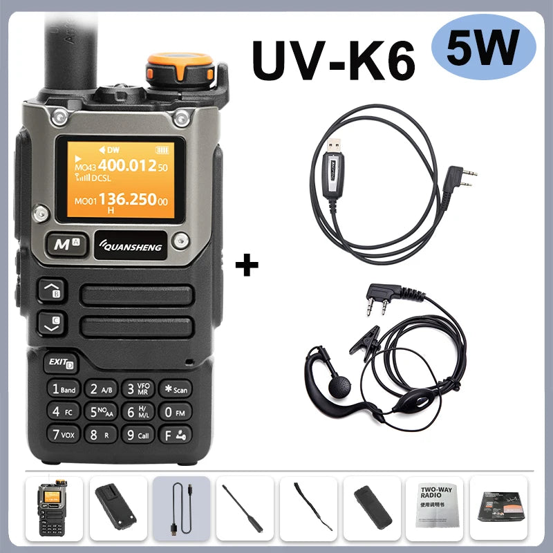Quansheng UV-K6 Walkie Talkie 5W Radio de banda aérea Carga tipo C UHF VHF DTMF FM Scrambler NOAA Frecuencia inalámbrica Radio CB de dos vías