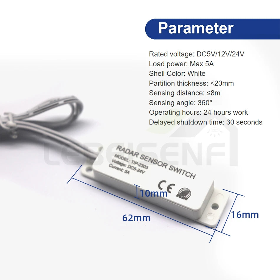 Wood/Glass/Acrylic Partition 5.8GHz Microwave Radar Motion Sensor Hidden Switch for DC5-24V 12V 5A LED Single Color Strip Light