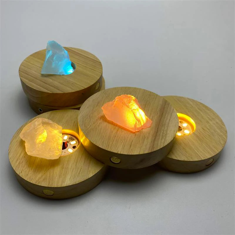 Creative DIY Wooden Luminous Lamp Holder Touch Switch Rechargeable LED Light Display Base Crystal Glass Resin Art Ornament