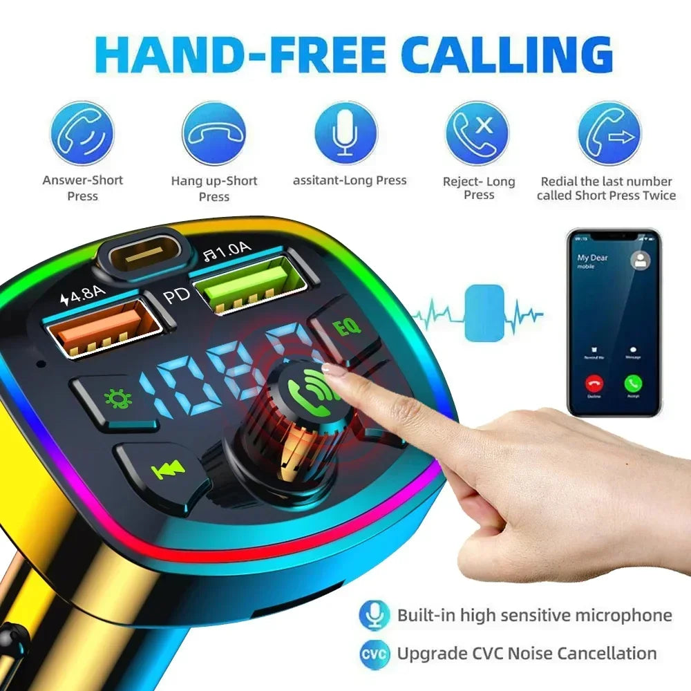Car MP3 Player Bluetooth 5.0 FM Transmitter Handsfree Car Radio Modulator with Built-in Mic USB Quick Charge Adapter for Car