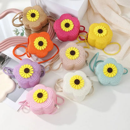 Bolso bandolera de paja duradero, monedero tejido con flores, bolso de mano para niñas, bolso de hombro tipo mensajero para niños, mini bolso de princesa lindo de verano