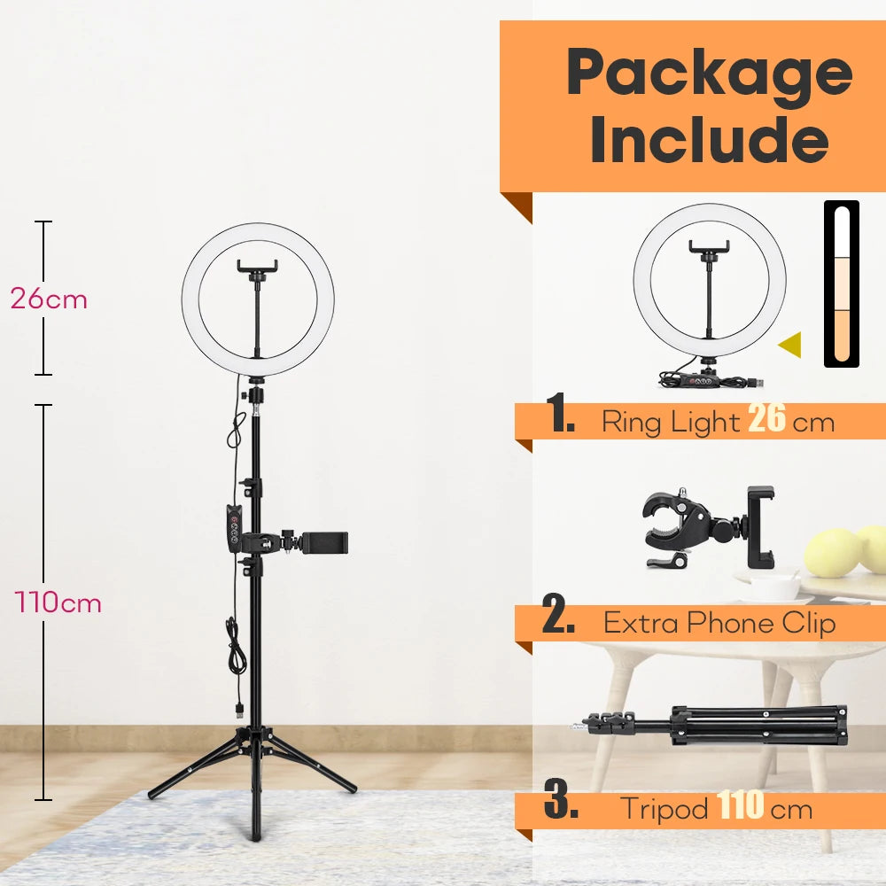 Tripod With LED Ring Light For Phone, Tripod Camera Stand Selfie Photography Light LED Lamp Color Photo Studio For YouTube Live