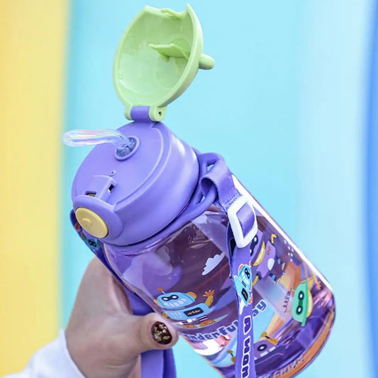 650ml Cute Kids Water Bottle with Straw, BPA-Free, Leakproof Outdoor Portable Children's Cups, School Water Bottle for Children