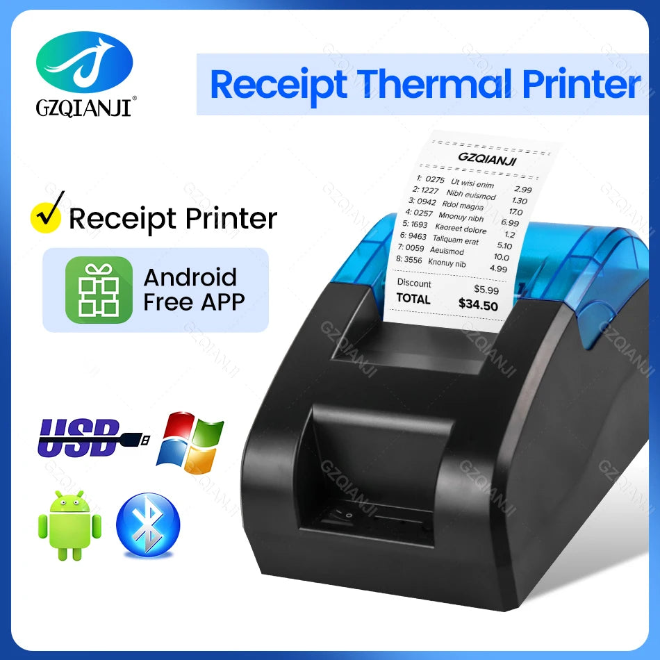 58MM Desktop POS Cashier Printer USB Bluetooth Thermal Receipt Printer Restaurant Sales Kitchen Bill Printing for Mobile Windows