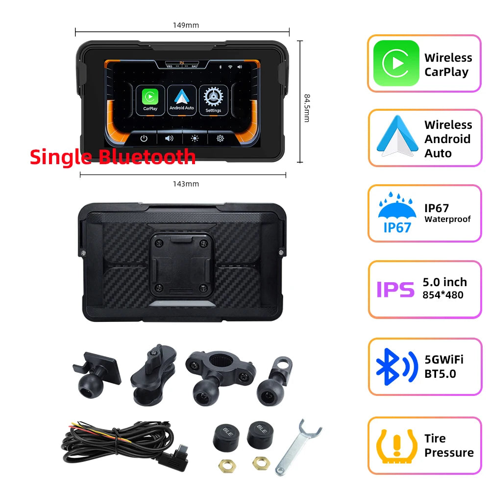EKIY 5 inch GPS Navigation Motorcycle Wireless Carplay Android Auto IPX67 Waterproof Portable Screen BT Moto Motorbike Monitor