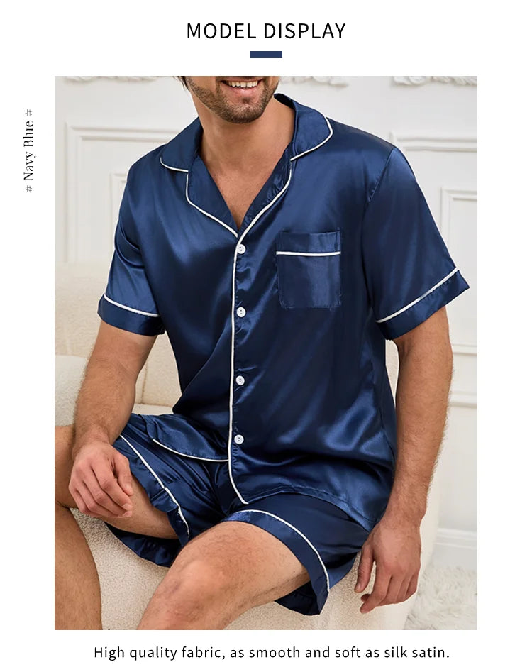 Men Satin Short Sleeve Pajama Set, Summer Sleepwear for Man, Button-Down Shirt & Elastic Waist Shorts, Pajamas Home Clothes, 2Piece