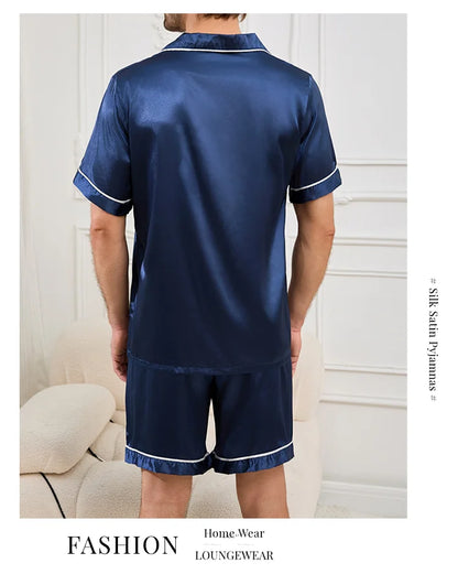 Men Satin Short Sleeve Pajama Set, Summer Sleepwear for Man, Button-Down Shirt & Elastic Waist Shorts, Pajamas Home Clothes, 2Piece