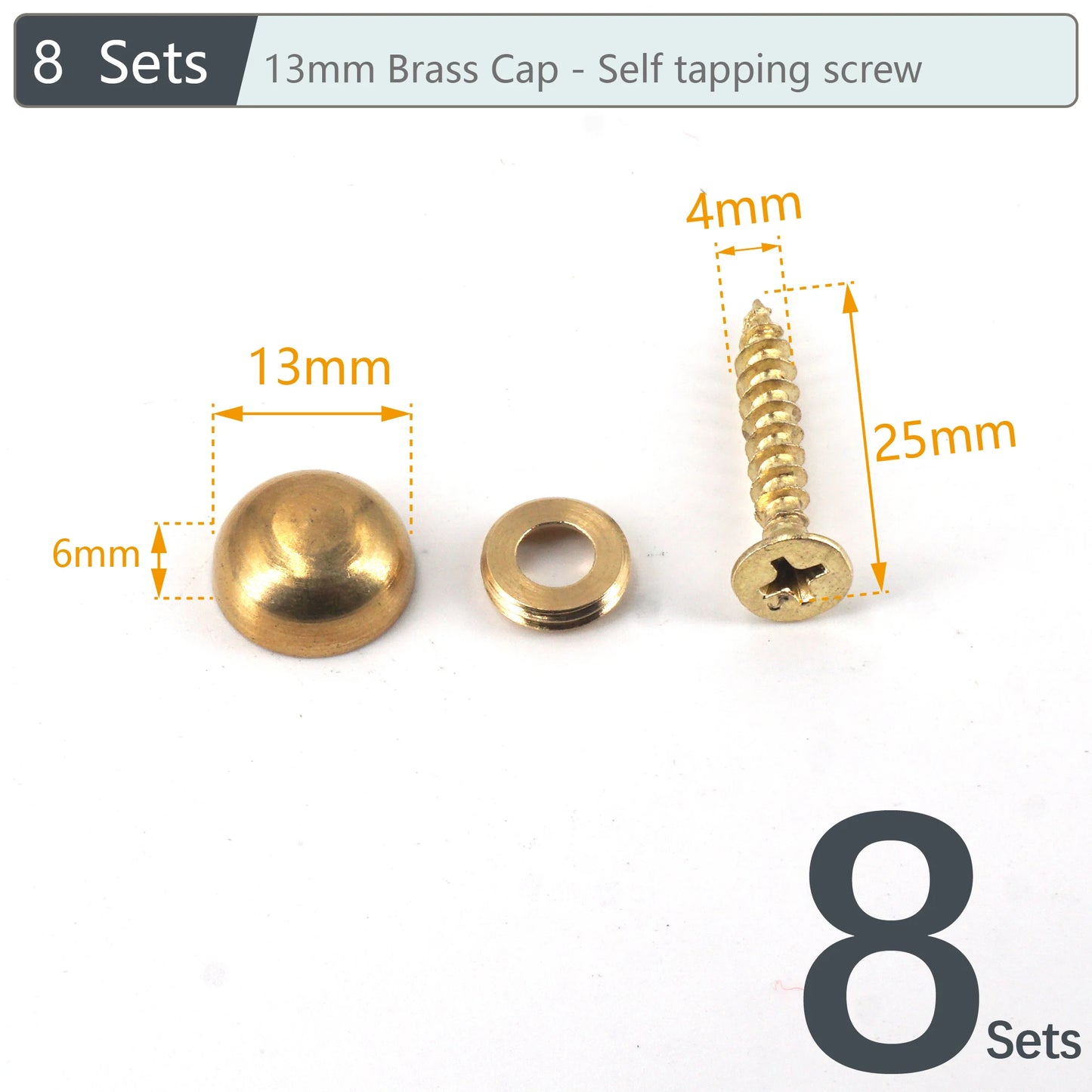 8Sets, Brass Decorative Nail, Mirror Advertising Board Cap Cover Self-tapping Screw, 9mm/12mm/13mm/15mm