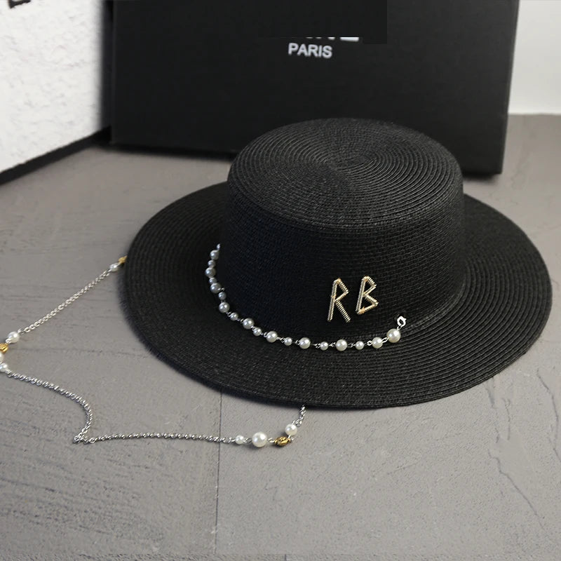 New Women Summer Hats, Straw Sun Hat, Panama Elegant Straw Fedoras Lady Girl Outdoor Vacation with Pearl Chain Sunshade Beach Hat