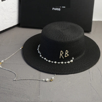 New Women Summer Hats, Straw Sun Hat, Panama Elegant Straw Fedoras Lady Girl Outdoor Vacation with Pearl Chain Sunshade Beach Hat