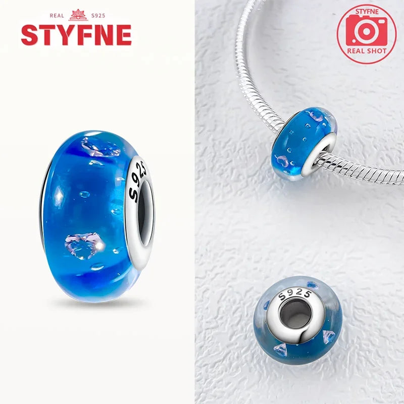 925 Sterling Silver Blue Series Crystal Enamel Murano Charm Bead Fits Original Bracelet for Women DIY Fine Jewelry Gifts