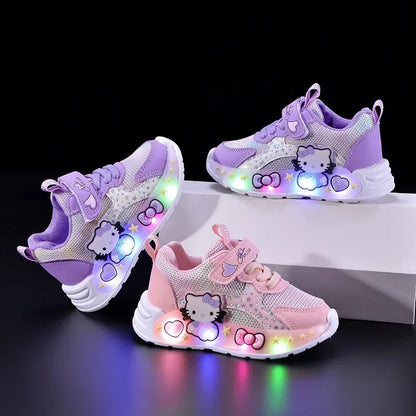 Kids' Casual Shoes Girls' LED Light Cartoon PU Leather Fashion Sports Flat-Bottomed Breathable Shoes White Pink Size 21-30