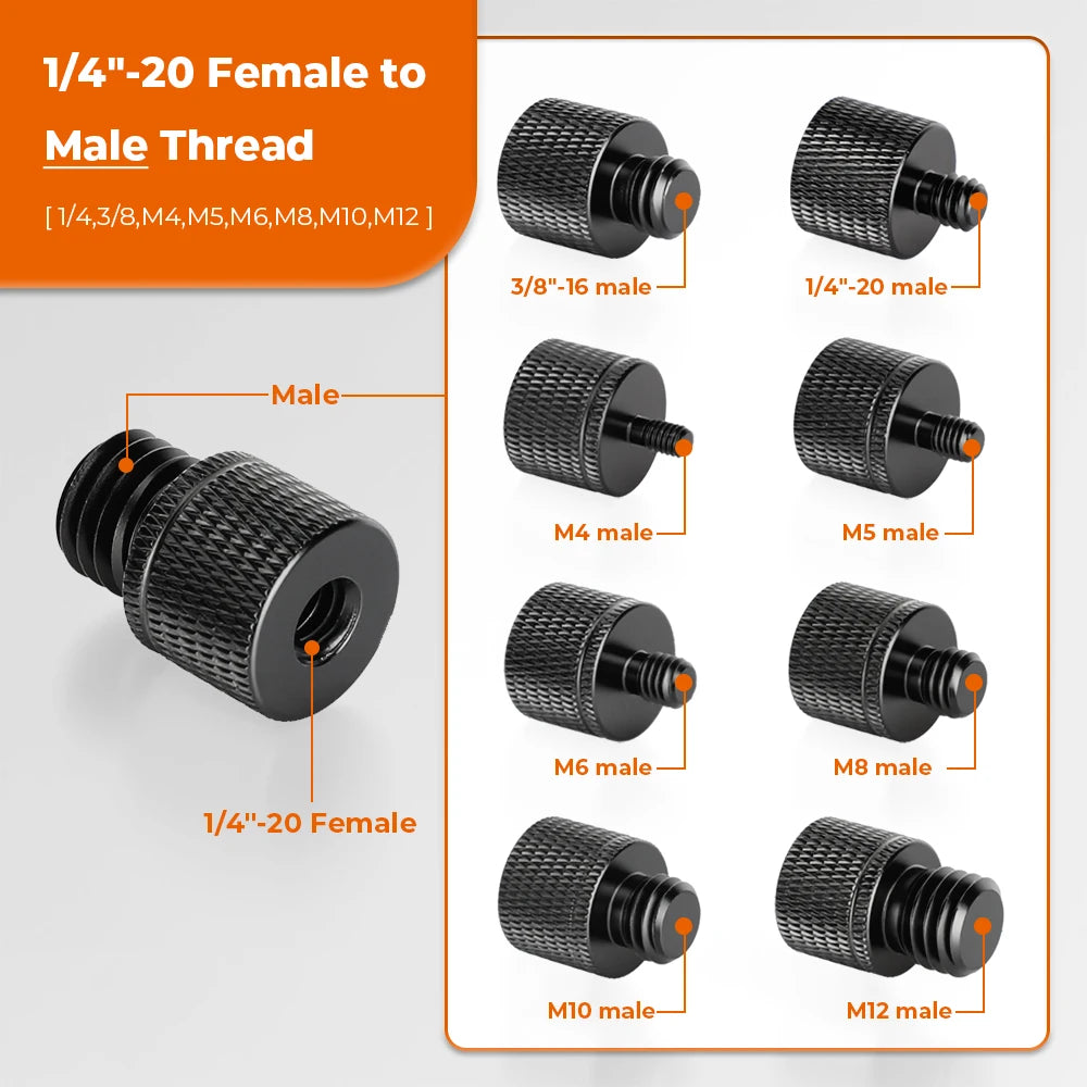 HDRig Universal 1/4"-20 Female to 1/4" 3/8" M4 M5 M6 M8 M10 M12 Male Threaded Screws Mount Adapters Tripod Camera