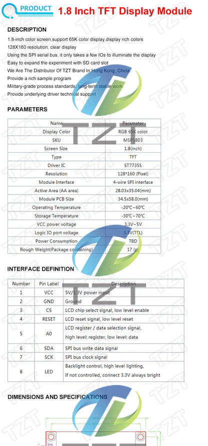 TFT Display, 0.96/1.3/1.44/1.8/2.4/2.8/3.5 Inch TFT Full Color Screen LCD Module, ST7735 ILI9341 Driver Interface SPI for Arduino