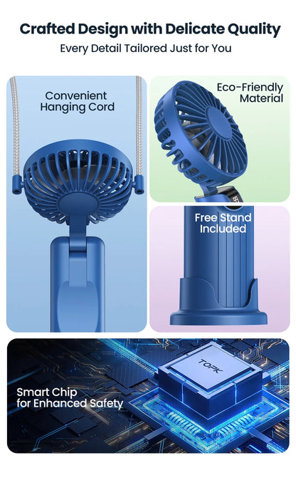 TOPK 5000mAh Mini Portable Fan USB Rechargeable Hand Held Fan,Small Pocket Fan 3 Speeds with Lanyard &Base, USB Desk Fan Foldable