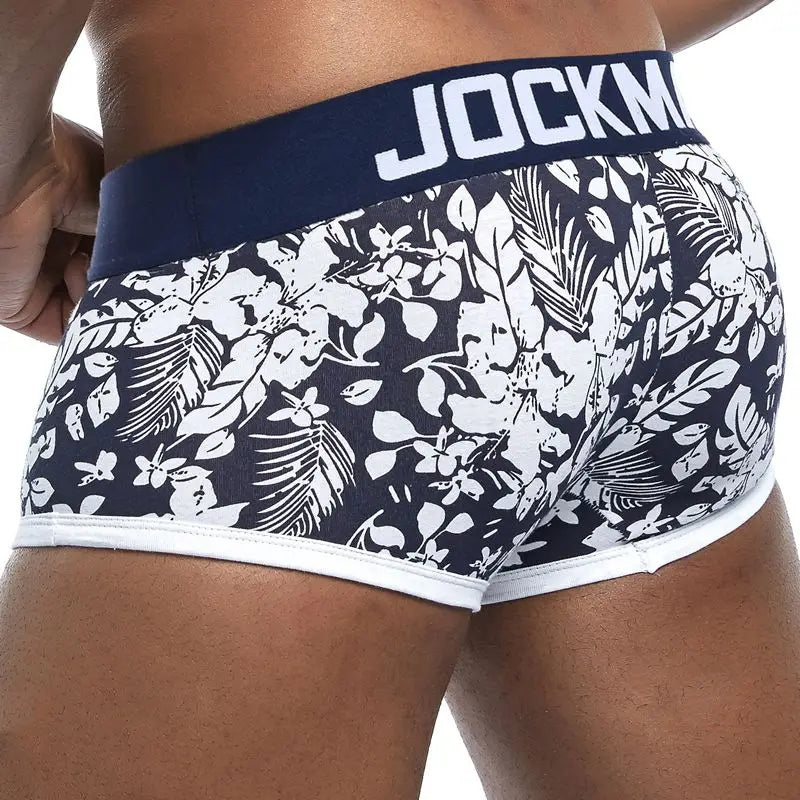 Male Panties, Breathable Boxers, Cotton Men Underwear, U convex pouch Sexy Underpants, Printed leaves Homewear Shorts, JOCKMAIL