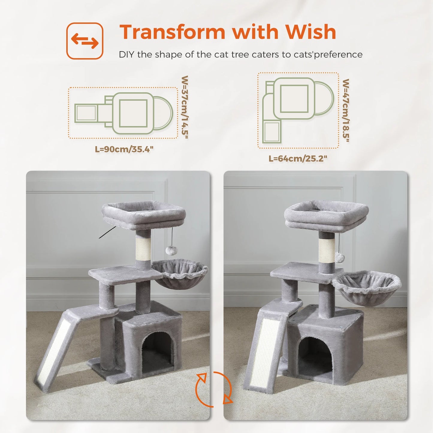 Cat tree, Cat Tower for Indoor Cats, 2 Styles Cat Activity Tree with Cat Scratching Posts, Big Hammock and Removable Top Perch Grey