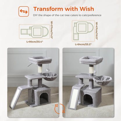Cat tree, Cat Tower for Indoor Cats, 2 Styles Cat Activity Tree with Cat Scratching Posts, Big Hammock and Removable Top Perch Grey
