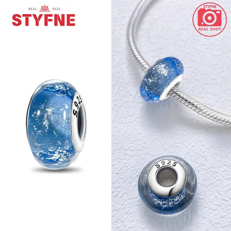 925 Sterling Silver Blue Series Crystal Enamel Murano Charm Bead Fits Original Bracelet for Women DIY Fine Jewelry Gifts