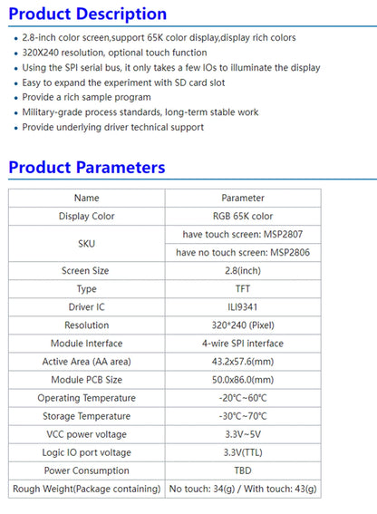 2.2 /2.4/2.8/3.2/3.5/4.0 Inch SPI TFT LCD Touch Panel Serial Port Module,  ILI9341  240x320 Serial LED Display