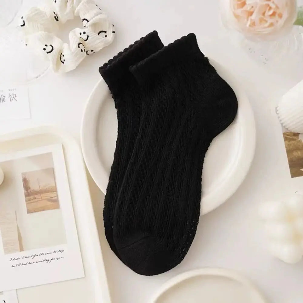 Cotton Women's Socks Frilly Ruffle Socks Spring Summer Casual Ankle Short Boat Socks Loose Knit Solid Color Mid-Calf Socks