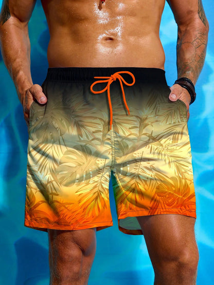 Men's Hawaiian 3D Gradient Palm Tree Pattern Beach Shorts, Quick Dry Outdoor Leisure Sports Shorts, Fashion Men's Shorts