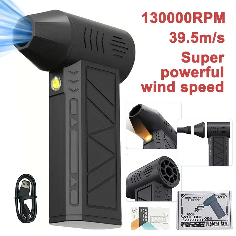 Compressed Air Duster 130000RPM Cordless Mini Turbo Jet Fan Electric 3 Gear Turbo Jet Fan Blower Speed Rechargeable with Light