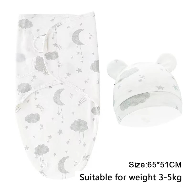 Baby Blanket Hat Set, Cartoon Printed Cotton Newborn Swaddle, Adjustable Infant Sleeping Swaddle Wraps, All Seasons, 0-6 Months