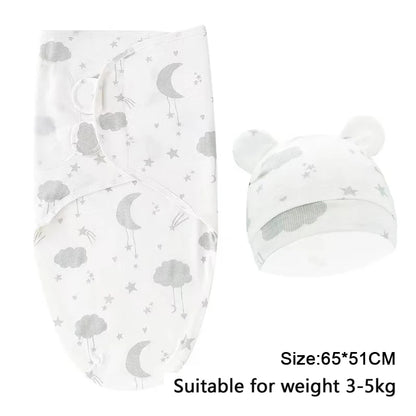Baby Blanket Hat Set, Cartoon Printed Cotton Newborn Swaddle, Adjustable Infant Sleeping Swaddle Wraps, All Seasons, 0-6 Months