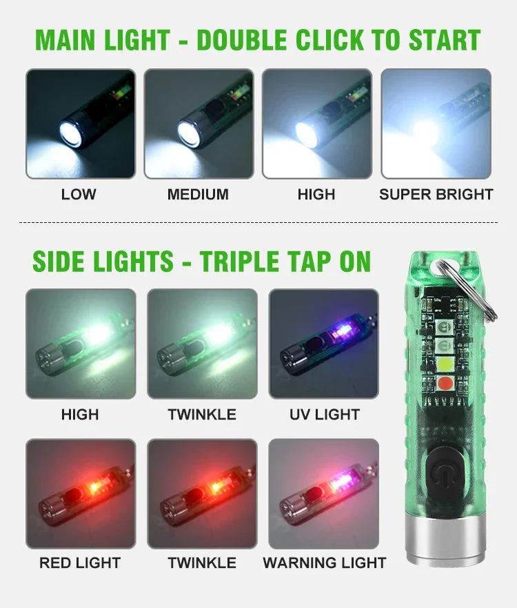 Multi-function Mini EDC LED Flashlight Portable Keychain Light MagneticTorch USB Rechargeable UV Lamp Emergency Camping Lantern