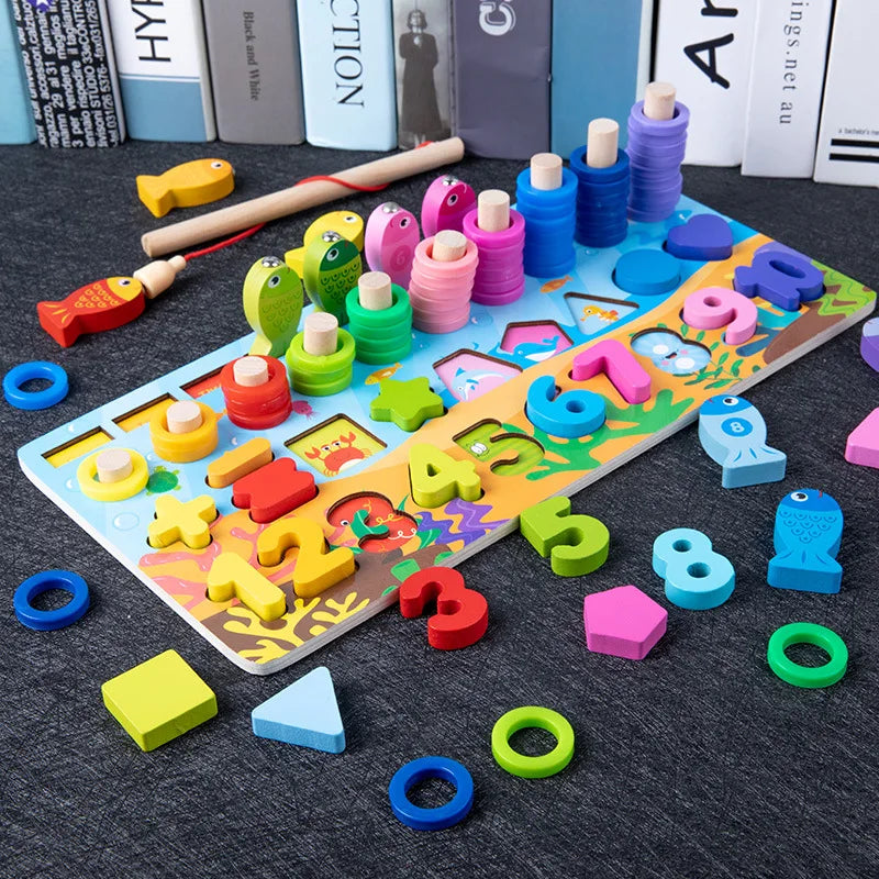 Juguetes Montessori de madera para niños, tablero ocupado, animales, matemáticas, pesca, números a juego, forma digital, juguetes educativos para niños, regalos